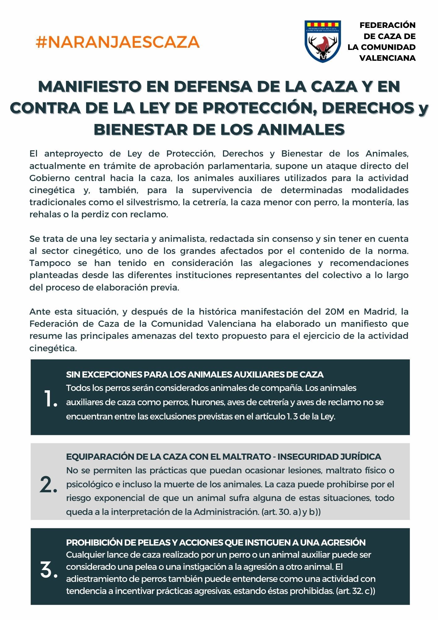 Manifiesto en defensa de la caza y en contra de la Ley de Protección, Derechos y Bienestar de los Animales.