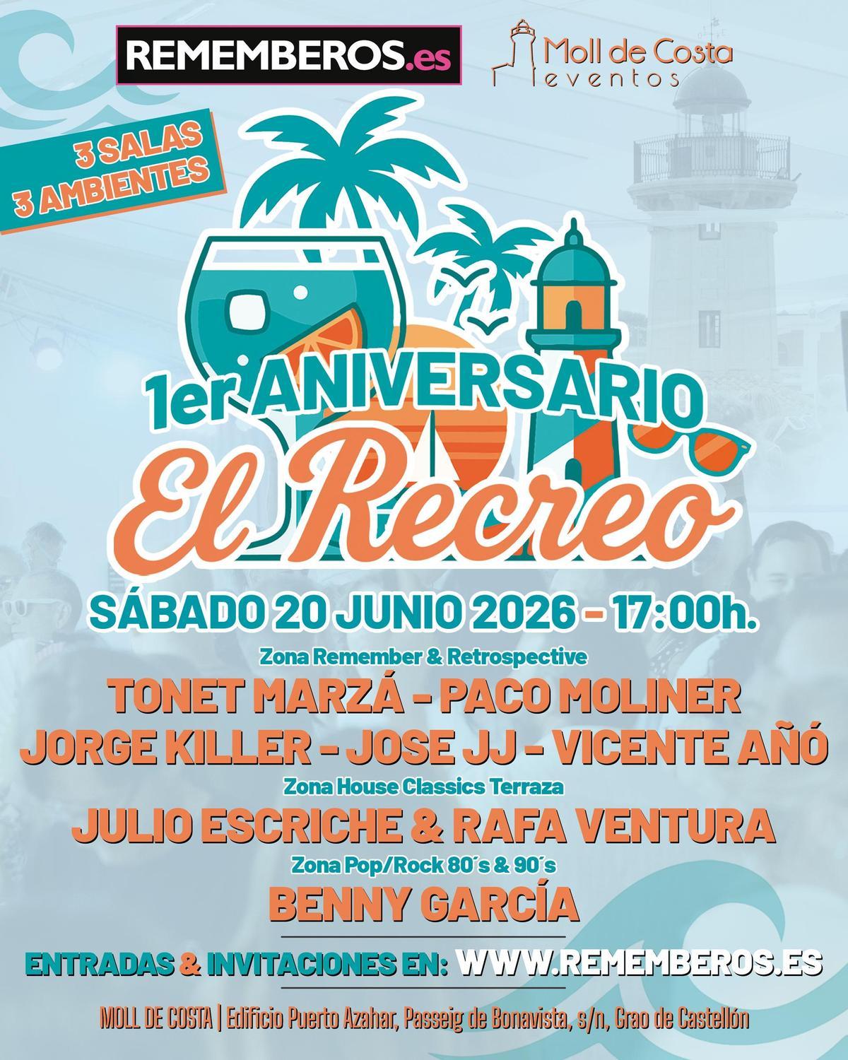 El Recreo celebra su primer aniversario en Moll de Costa con tres salas y el tardeo de Castellón frente al mar.