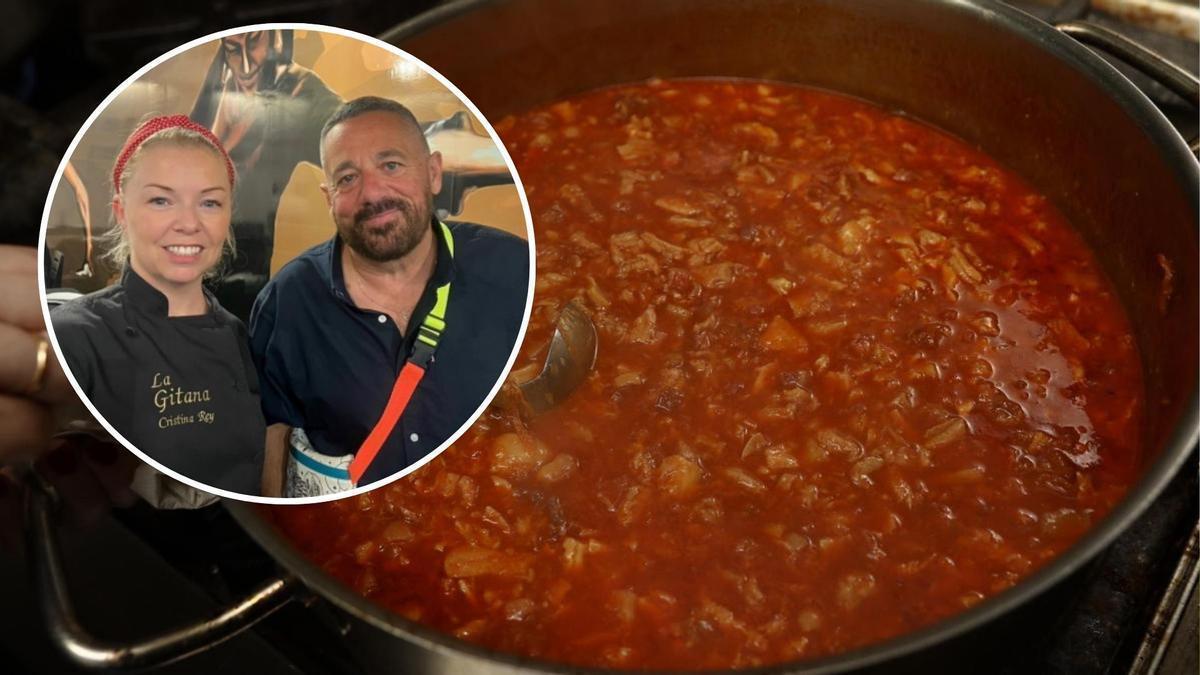 Pepón Nieto y Cristina Rey, propietaria del restaurante La Gitana, en el círculo, con una pota de callos de fondo