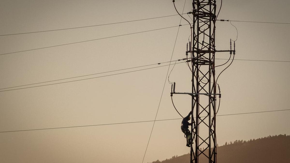 Un operario durante los trabajos de reparación del tendido eléctrico.