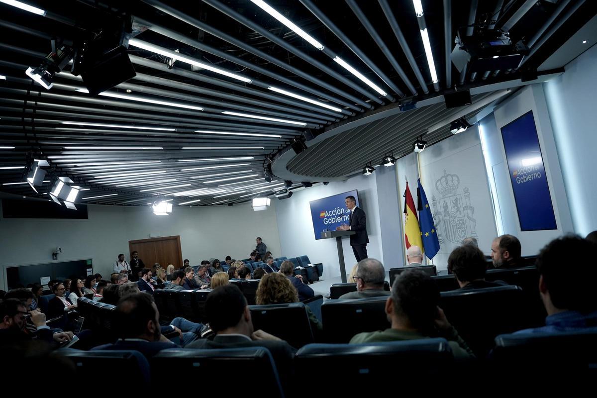 Pedro Sánchez durante su comparecencia en Moncloa.