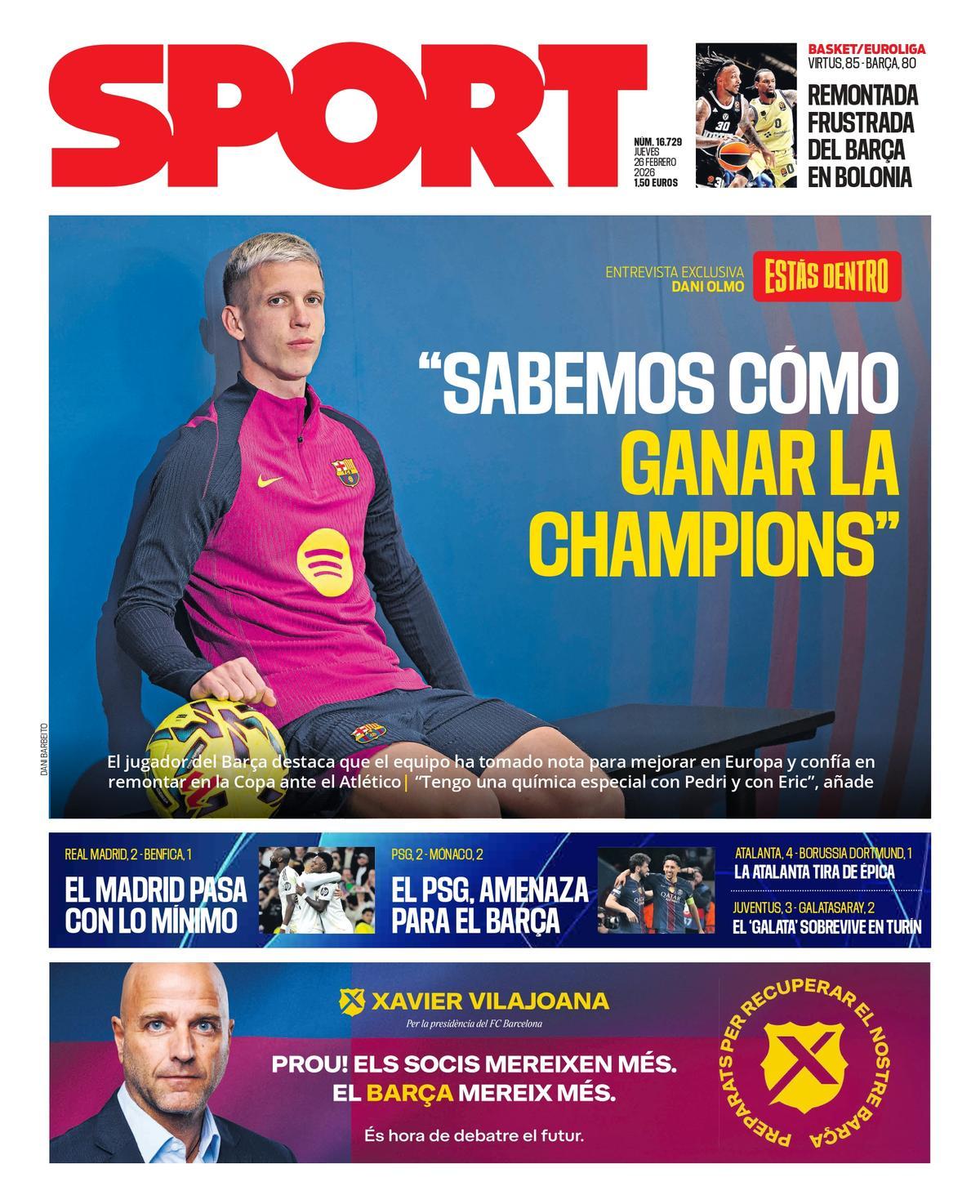 Esta es la portada de SPORT de hoy jueves, 26 de febrero de 2026
