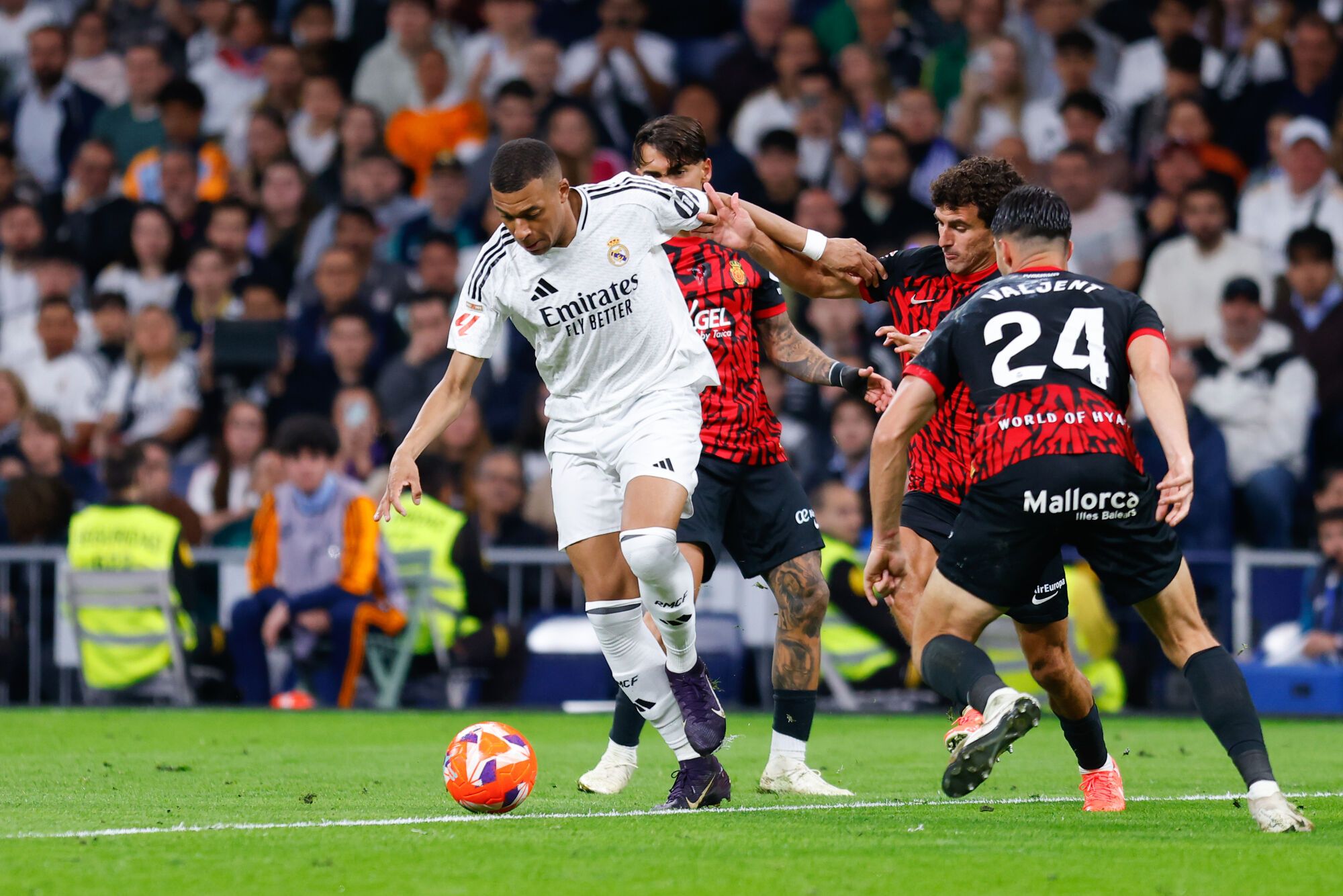 Kylian Mbappe of Real Madrid in action during the Spanish League, LaLiga EA Sports, football match played between Real Madrid and RCD Mallorca at Santiago Bernabeu stadium on May 14, 2025, in Madrid, Spain. AFP7 14/05/2025 ONLY FOR USE IN SPAIN. Dennis Agyeman / AFP7 / Europa Press;2025;SPAIN;SPORT;ZSPORT;SOCCER;ZSOCCER;Real Madrid v RCD Mallorca - LaLiga EA Sports;