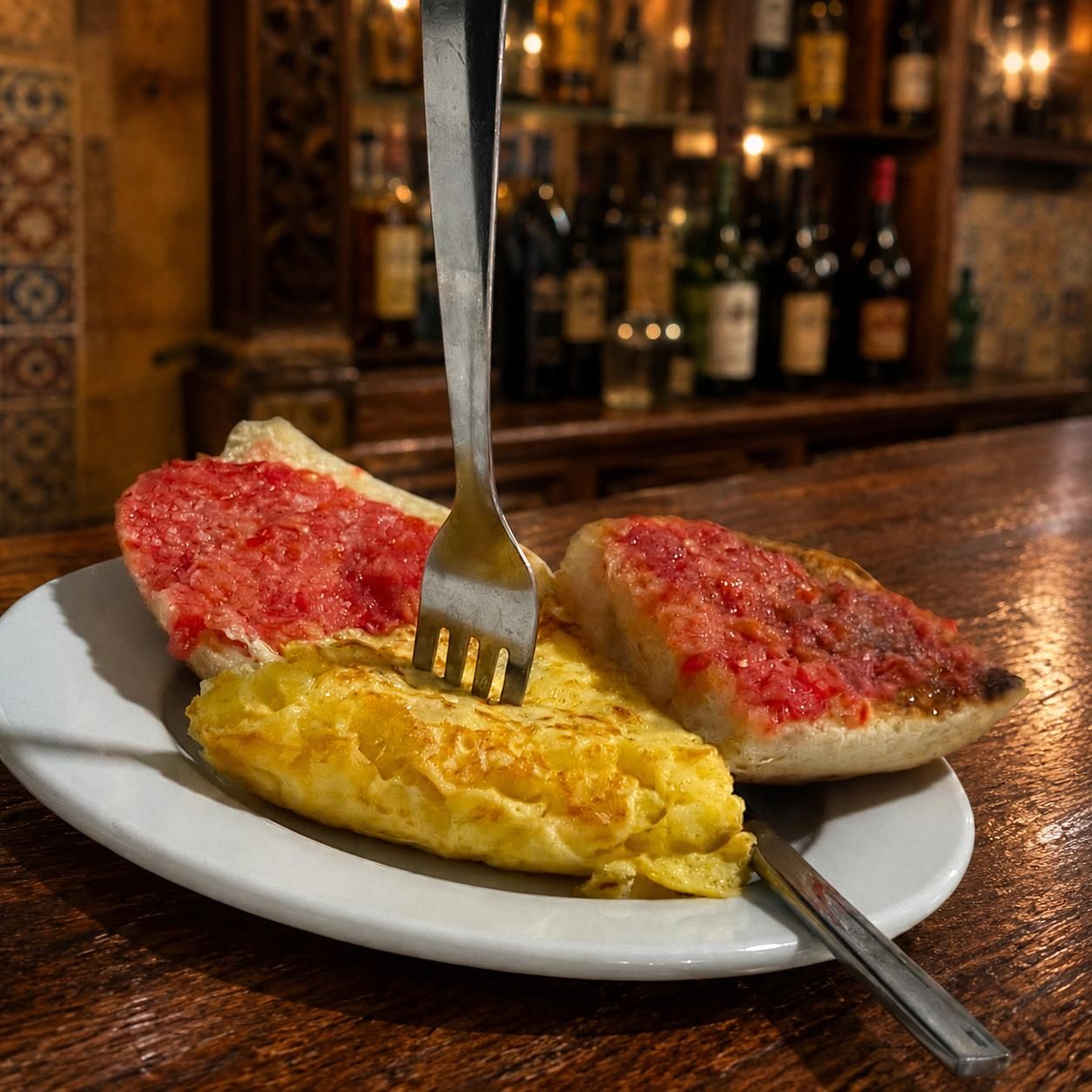 Pincho de tortilla en una taberna extremeña.