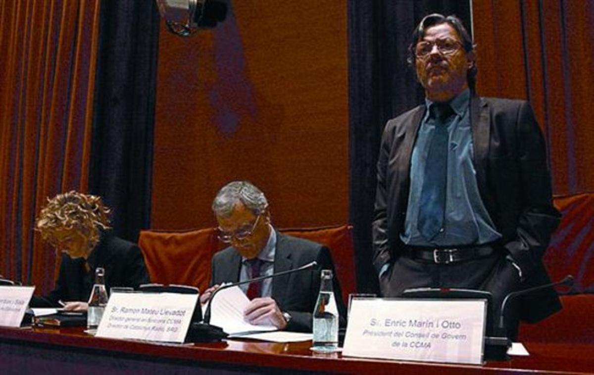 Mònica Terribas, Ramon Mateu i Enric Marín, ahir, en el control parlamentari de la CCMA al Parlament.