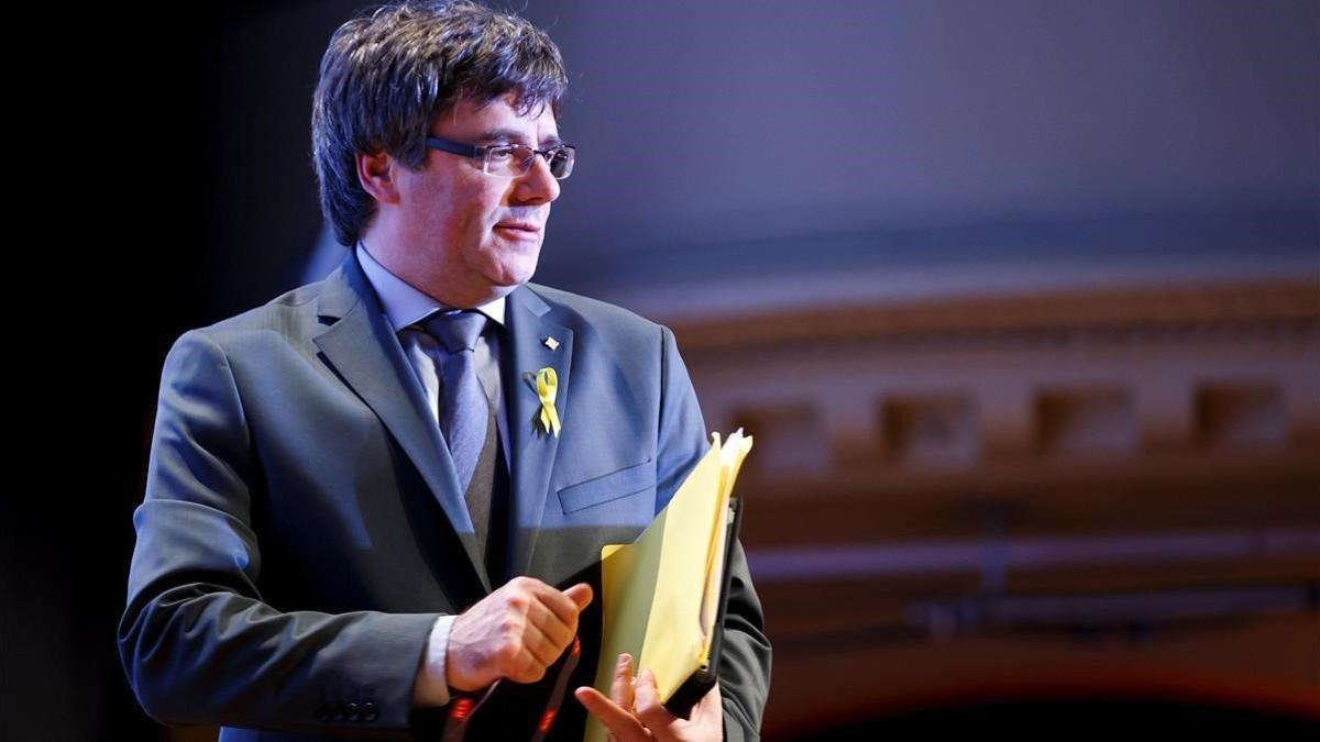 El 'expresident' de la Generalitat Carles Puigdemont tras la conferencia de prensa que ofreció el pasado 18 de marzo de 2018 en la localidad suiza de Ginebra.