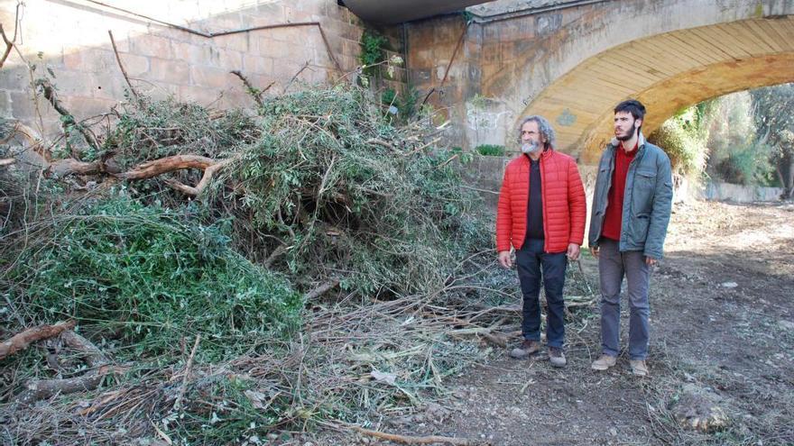 Representantes de Gadma, hoy en el torrente de AlmadrÃ  de Lloseta, donde han denunciado los destrozos efectuados durante la limpieza.