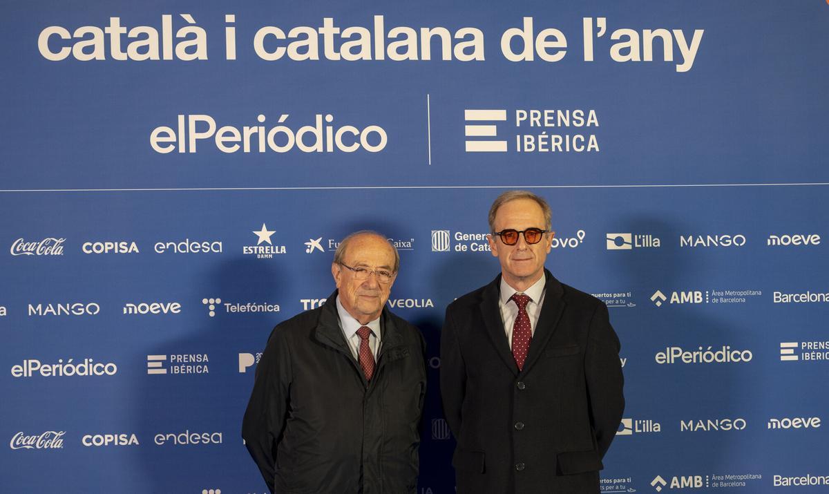 Barcelona. 24.11.2025. Sociedad. Gala del Català de l’any 2025.  De izda. a dcha., Esteve Camps, presidente de la Junta Constructora de la Sagrada Família y Xavier Martínez, director general de la Junta Constructora de la Sagrada Família. Fotografía de Jordi Cotrina
