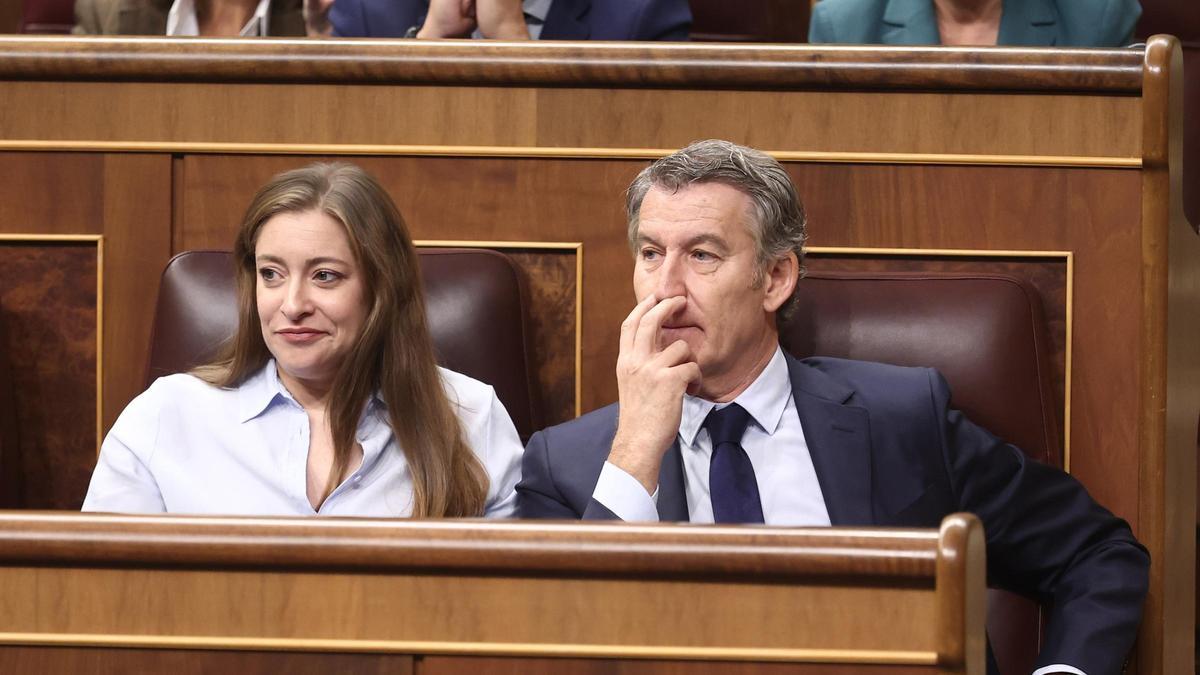 La portavoz del PP en el Congreso, Ester Muñoz, y el presidente del PP, Alberto Núñez Feijóo, durante una sesión de control al Gobierno, en el Congreso de los Diputados.
