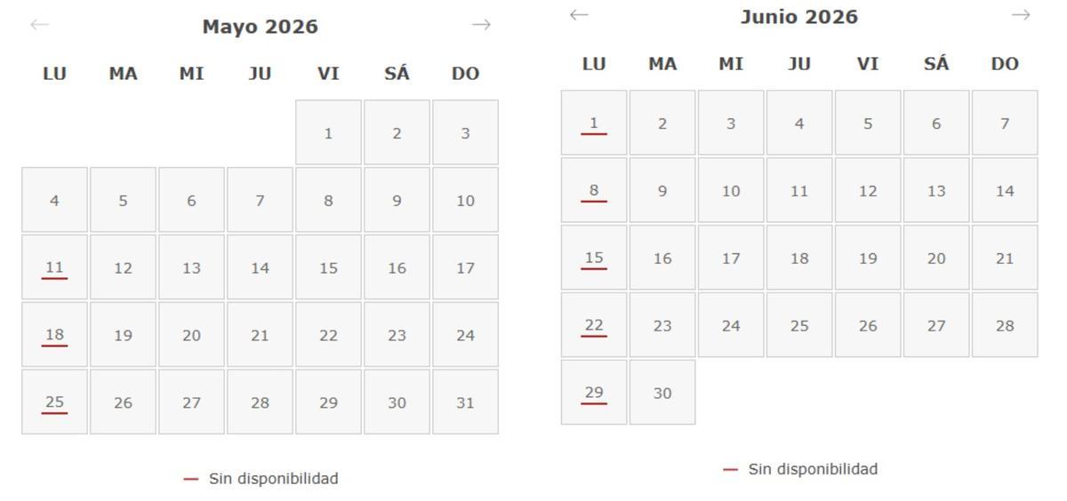 Mayo y junio aparecen en el portal indicado sin citas disponibles.