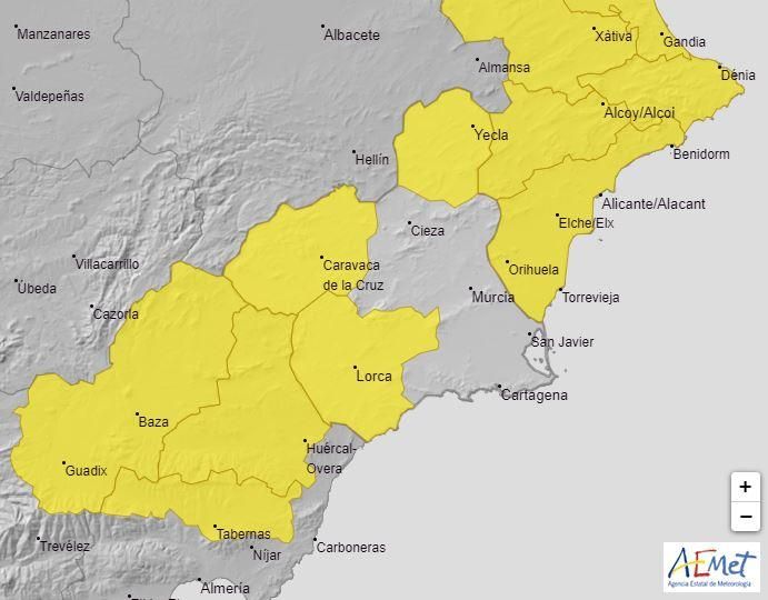 Mapa de alerta amarilla en la Región de Murcia.