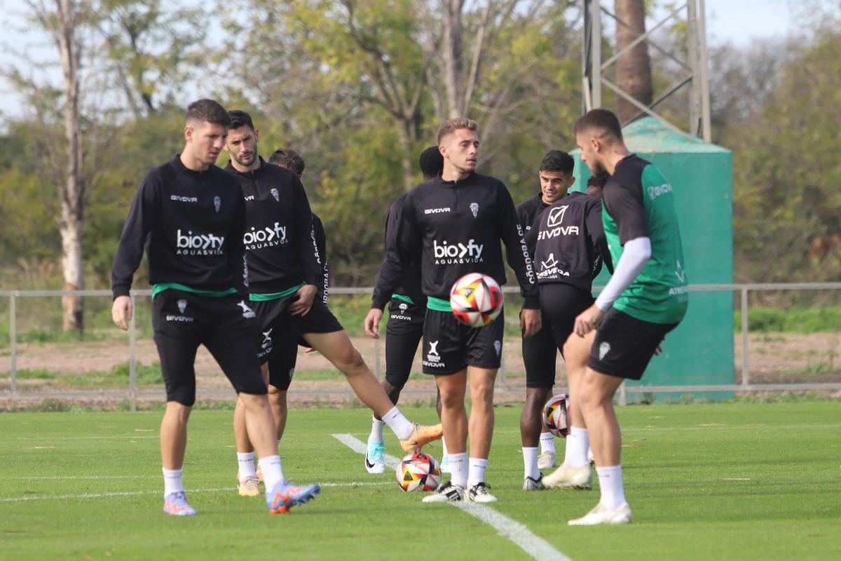 Los futbolistas del Córdoba CF, durante una sesión de la semana en la Ciudad Deportiva.