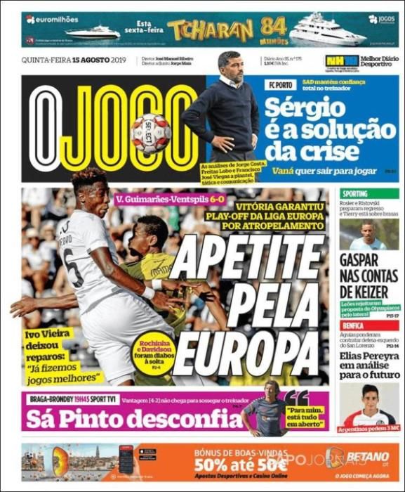 Portada O JOGO jueves 15 agosto 2019