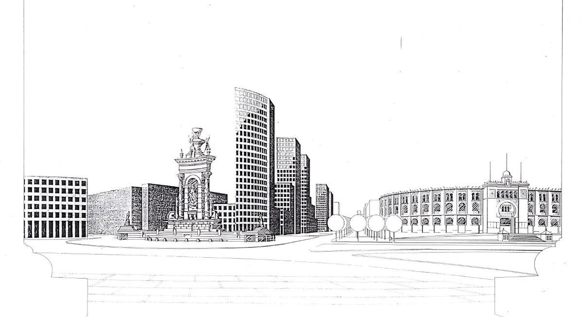 Esbozo de las torres de oficinas tal como se concebían en 1987 para la calle Tarragona, vistas desde la plaza Espanya, en Barcelona.