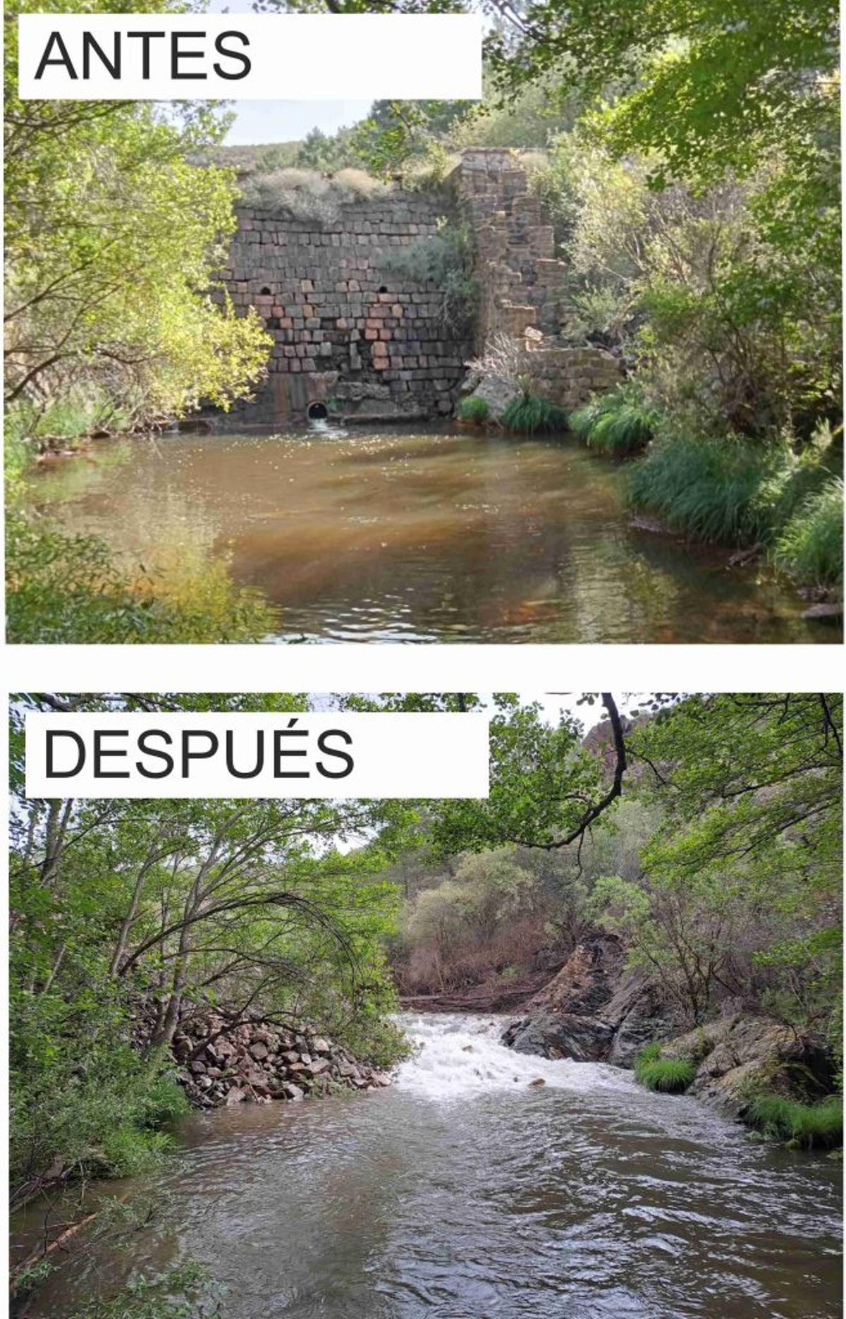 El río Riato, antes y después de la demolición del azud