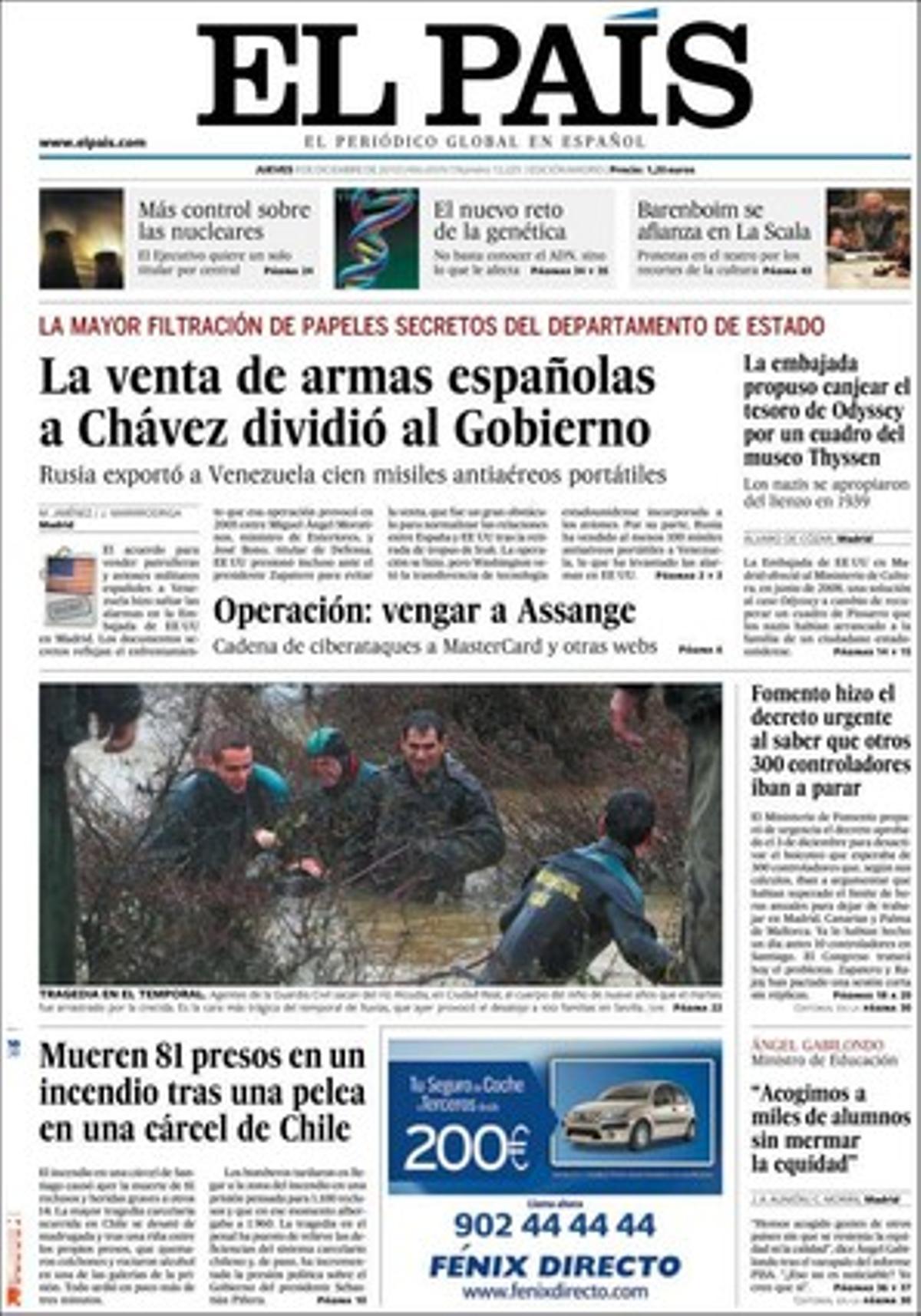 ’El País’ també ressalta en pàgines interiors que la policia troba la prova del frau en el contracte més important que va guanyar ’el Bigotes; que el Govern controlarà més les nuclears amb canvis en la seva propietat, les declaracions de Joan Llinares, exdirector general del Palau de la Música; i les del ministre d’Educació, Ángel Gabilondo, sobre l’’Informe PISA’: Espanya treu un bé. Només un bé.