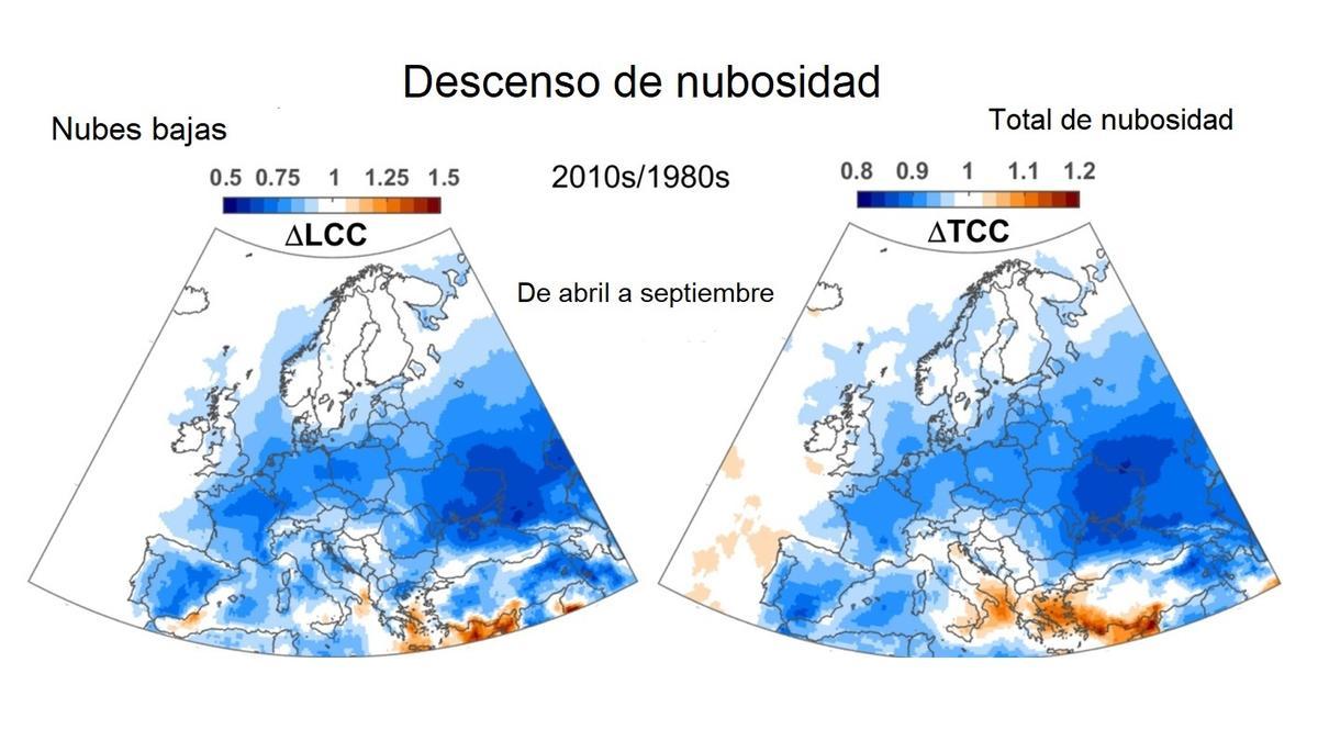 Disminución de la nubosidad sobre Europa