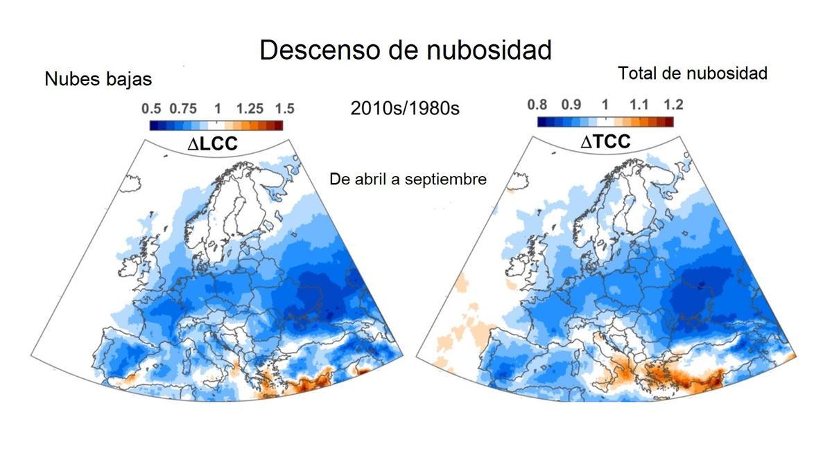 Disminución de la nubosidad sobre Europa