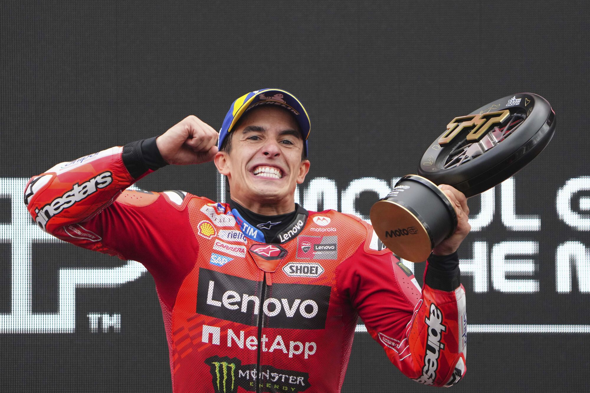 Spain's rider Marc Marquez of the Ducati Lenovo Team celebrates after winning the MotoGP race at the Grand Prix of the Netherlands at the TT Circuit in Assen, northern Netherlands, Sunday, June 29, 2025. (AP Photo/Peter Dejong) Associated Press/LaPresse. EDITORIAL USE ONLY/ONLY ITALY AND SPAIN