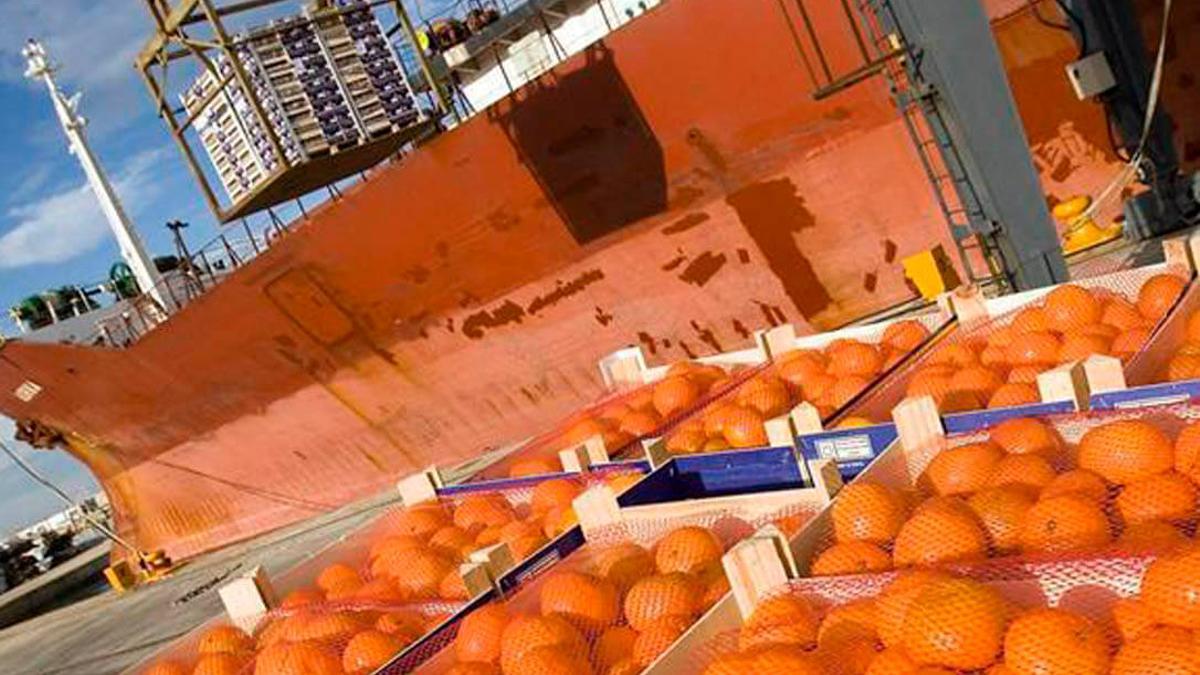 Buque cargando mandarinas en el Puerto de Castelló, en una imagen de archivo.