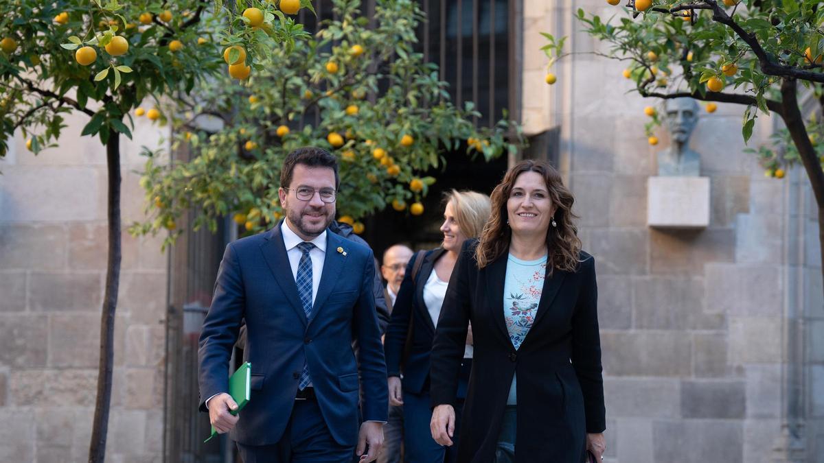 El president de la Generalitat, Pere Aragonès, i la consellera de Presidència, Laura Vilagrà