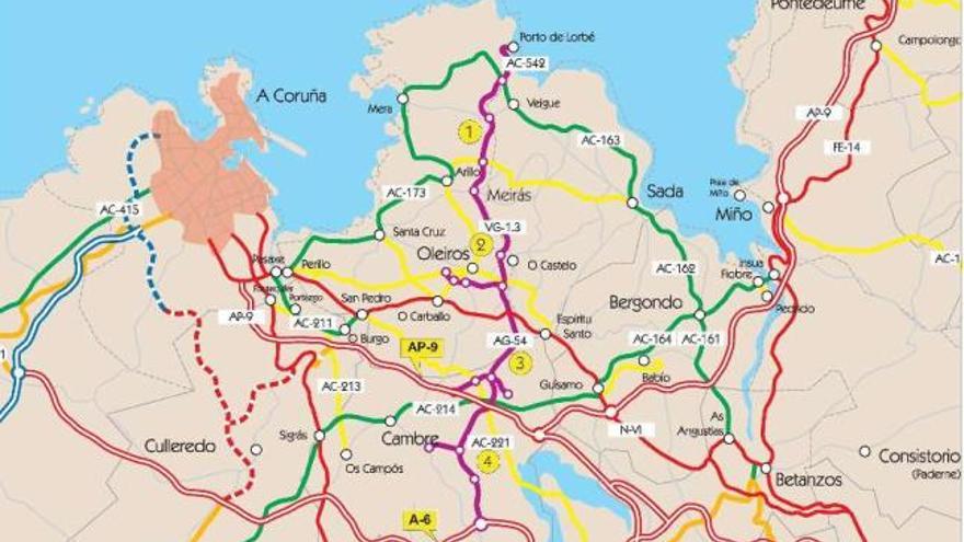 Plano del plan viario en la comarca, con la vía ártabra desde el puerto de Lorbé hasta la A-6. / la opinión