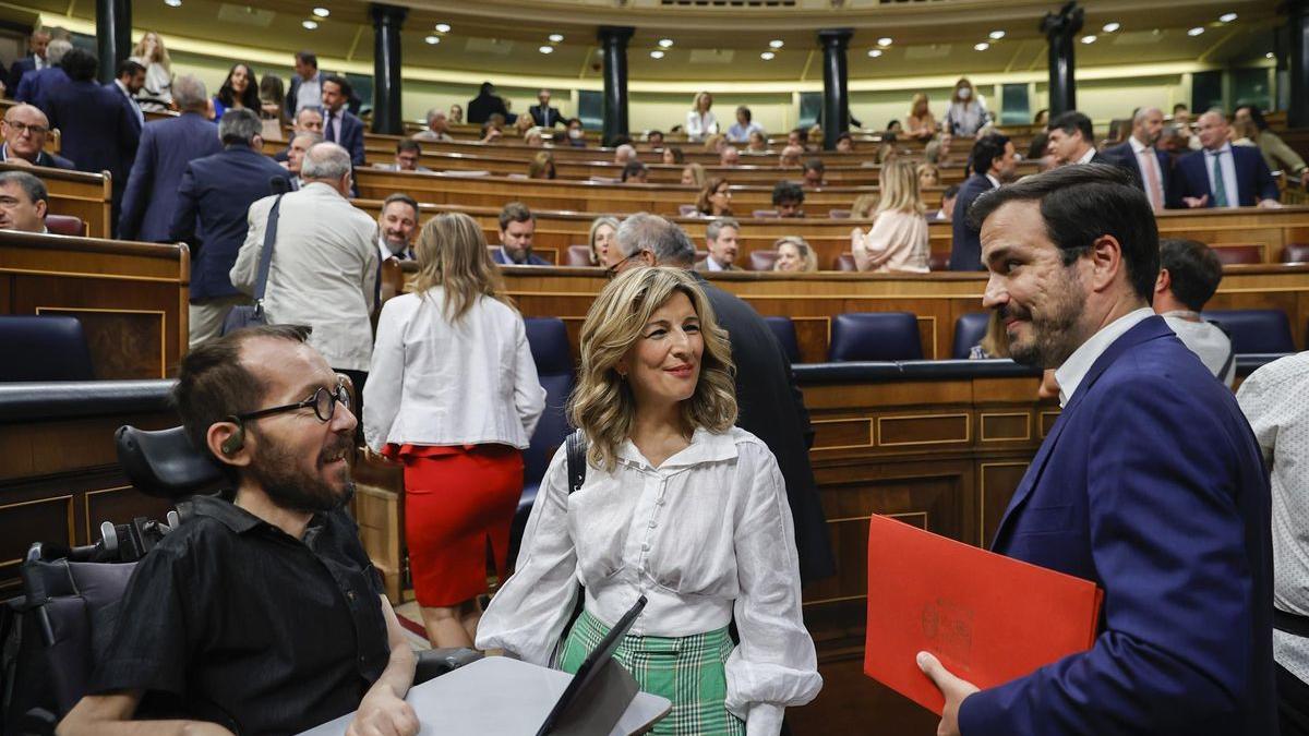 Pablo Echenique, Yolanda Díaz y Alberto Garzón.