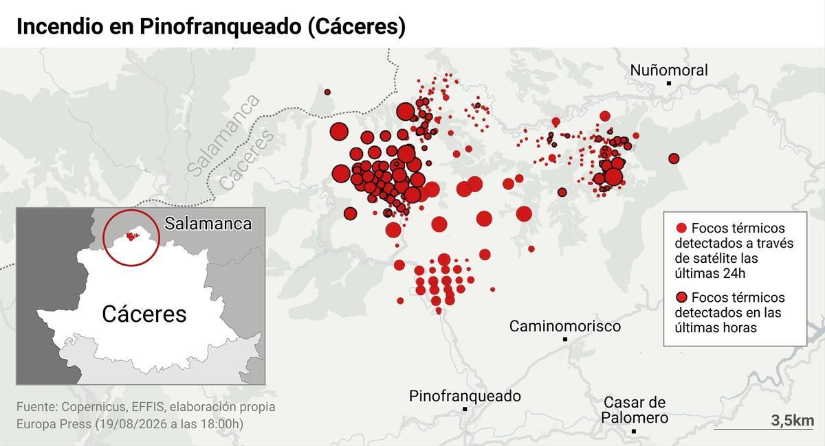 Mapa con la extension del incendio de Las Hurdes