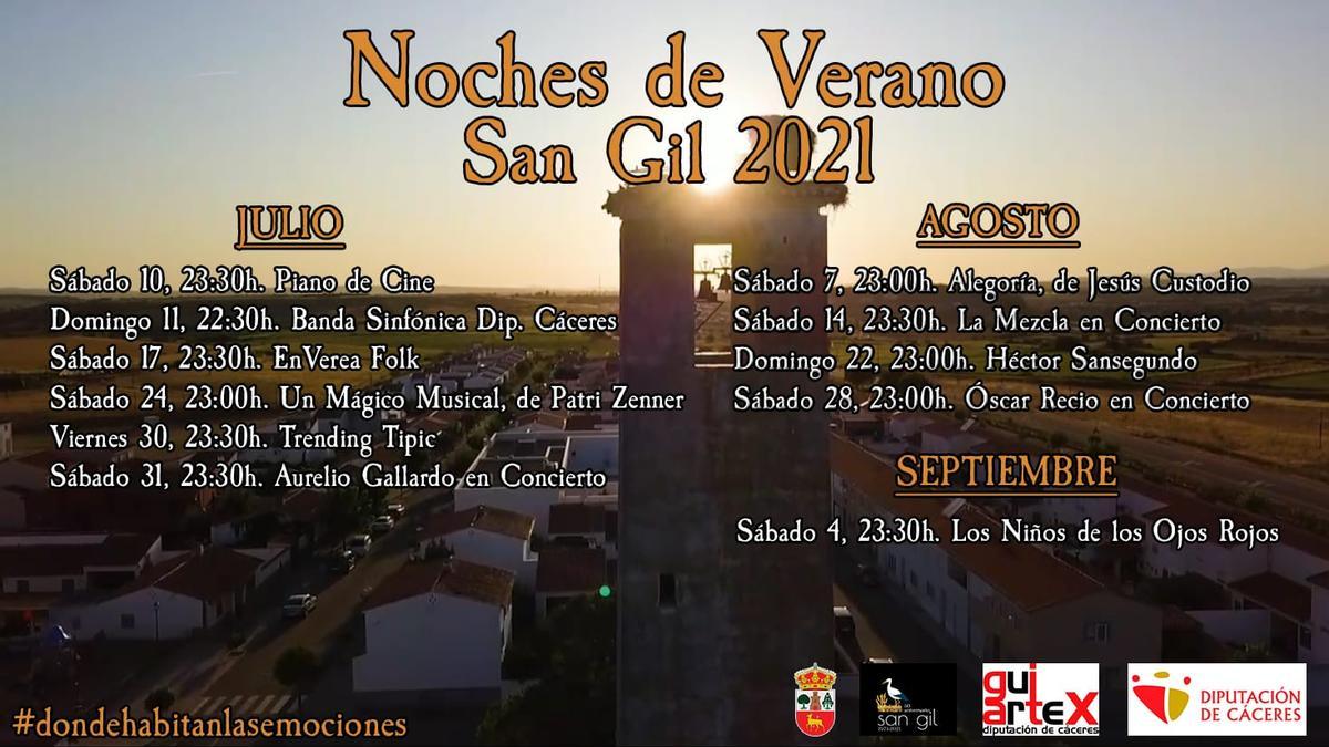 Cartel con las actividades de las Noches de Verano en San Gil 2021.