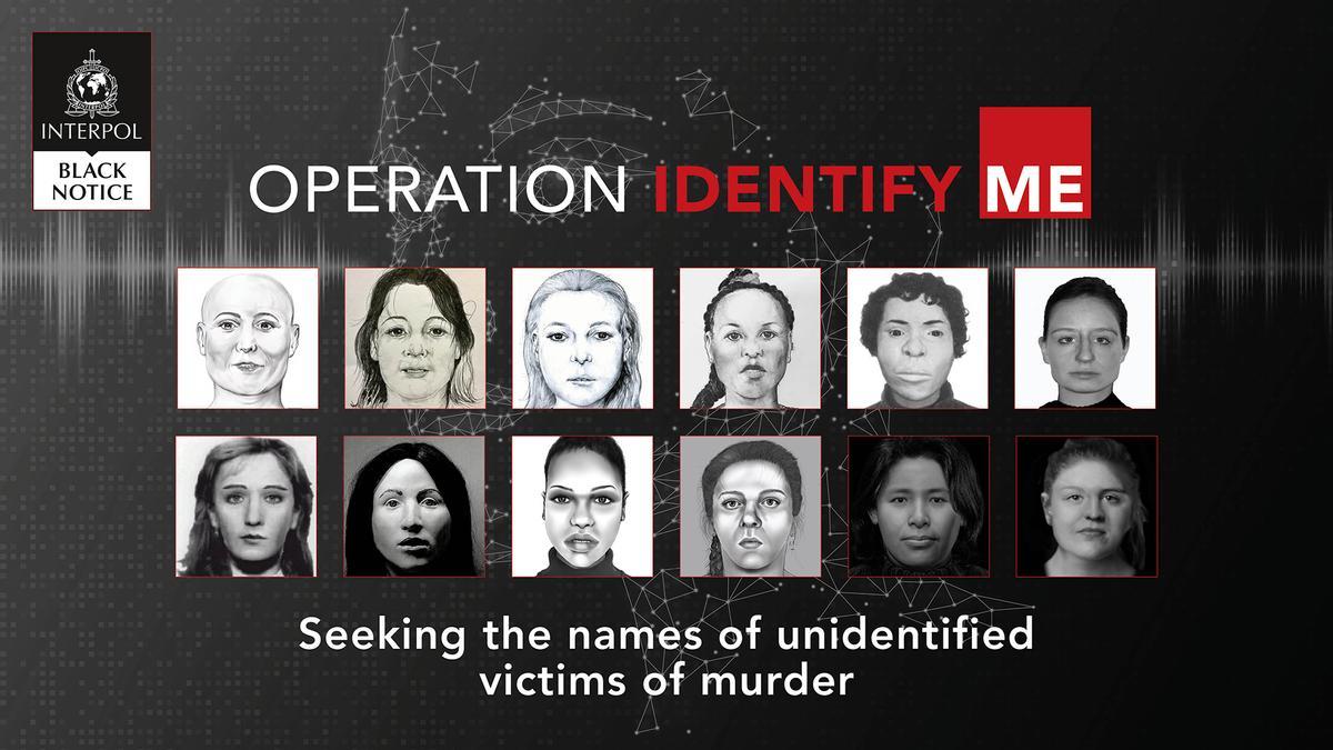 Un aviso de Interpol muestra la reconstrucción facial de doce mujeres cuyos restos fueron hallados en Alemania, Francia, Países Bajos y Bélgica, y que se cree que fueron asesinadas.