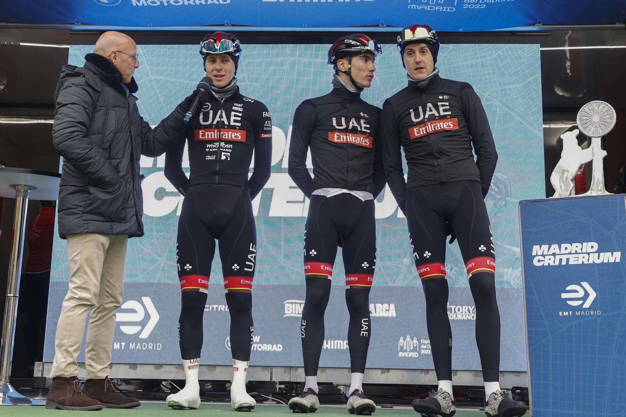 Tadej Pogacar, Juan Ayuso y Marc Soler en el podio del Criterium ciclista internacional de Madrid