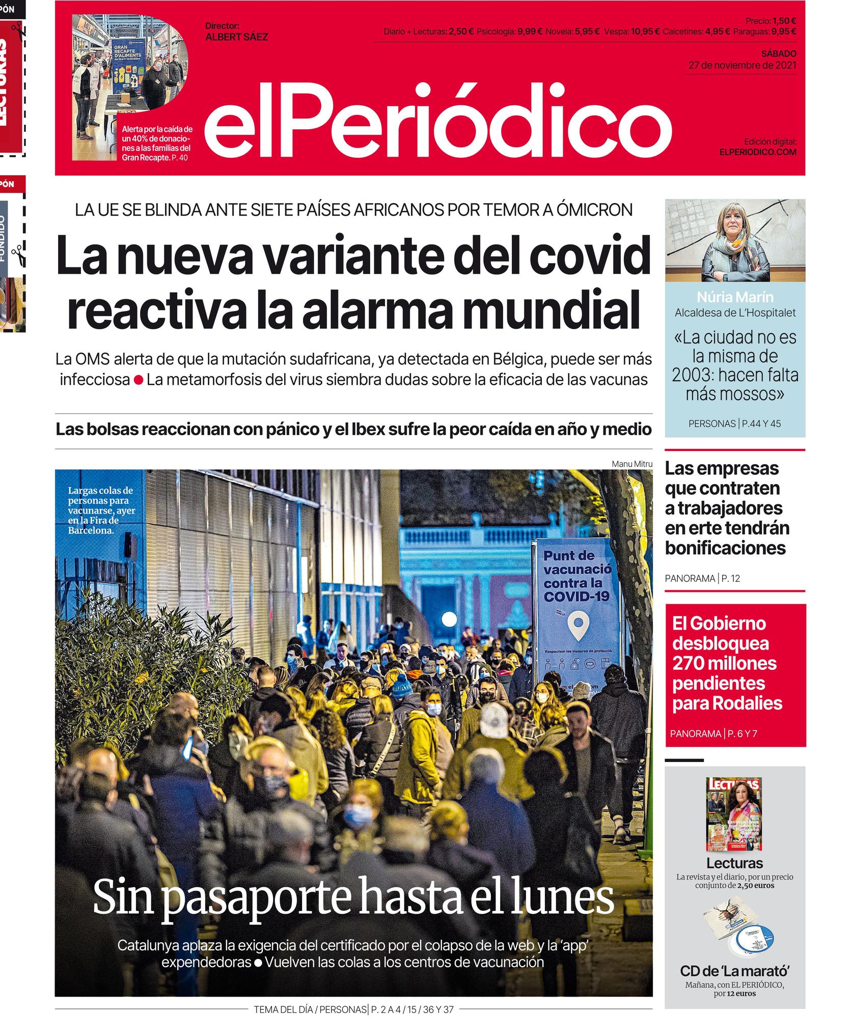 La portada de EL PERIÓDICO del 27 de noviembre de 2021