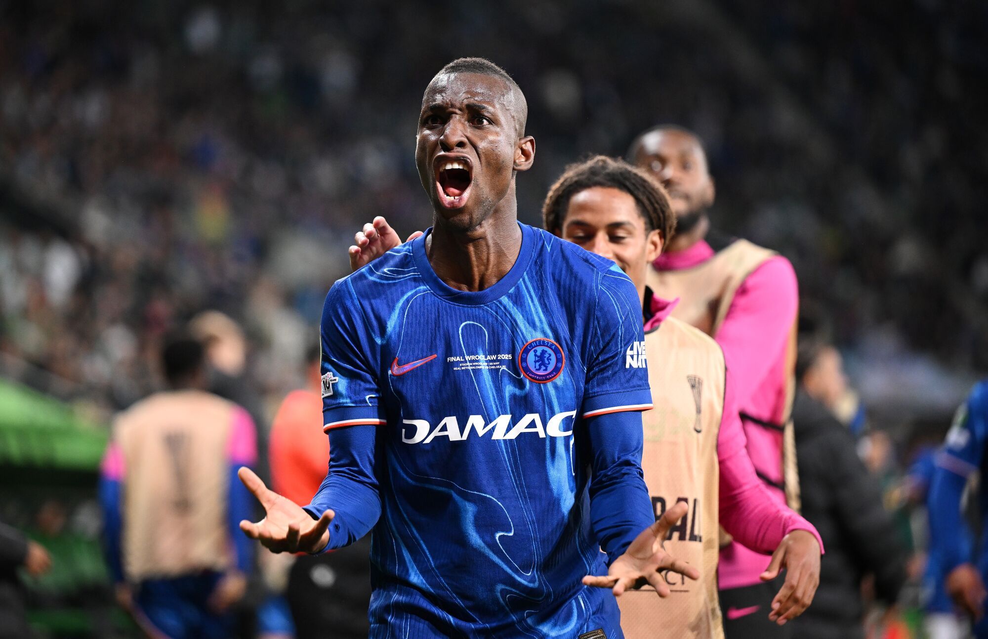 28 May 2025, Poland, Wroclaw: Chelsea's Nicolas Jackson celebrates scoring his side's second goal during the UEFA Europa Conference League final soccer match between Real Betis and Chelsea at Tarczynski Arena. Photo: Rafal Oleksiewicz/PA Wire/dpa 28/05/2025 ONLY FOR USE IN SPAIN. Rafal Oleksiewicz/PA Wire/dpa;sports;soccer;football;UEFA Europa Conference League Final - Real Betis vs Chelsea;