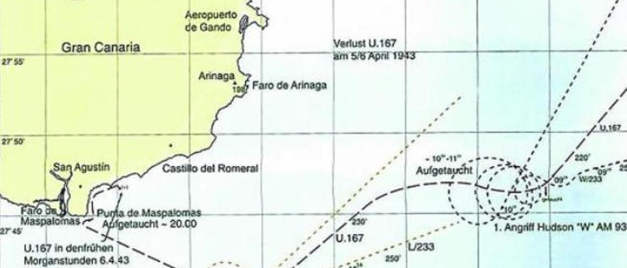 Mapa del ataque del que fue víctima el submarino alemán por la RAF en aguas canarias.