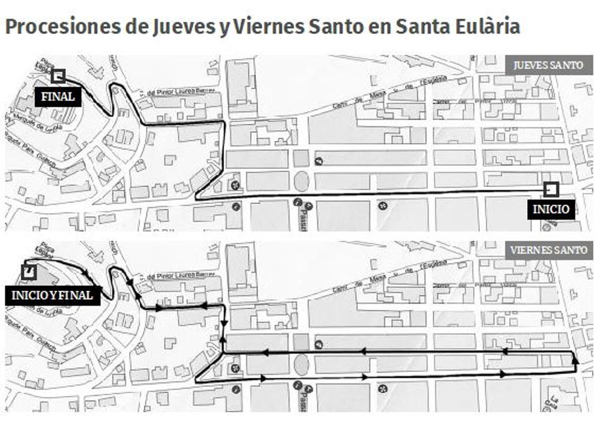 Recorrido de las procesiones del Jueves y el Viernes Santo en Santa Eulària.