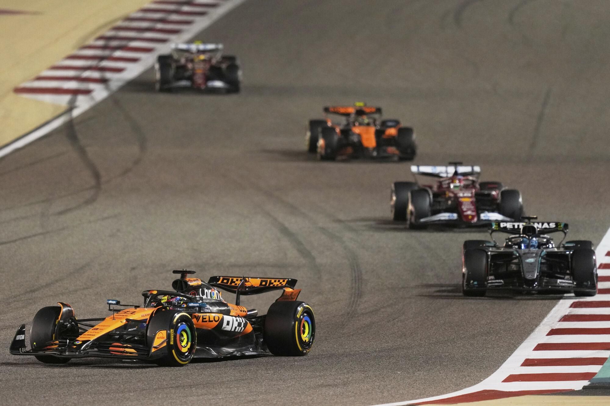 McLaren driver Oscar Piastri of Australia in action during the the Formula One Bahrain Grand Prix, in Sakhir, Sunday, April 13, 2025. (AP Photo/Altaf Qadri)