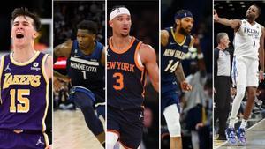 Austin Reaves, Anthony Edwards, Josh Hart, Brandon Ingram y Mikal Bridges (de izquierda a derecha).