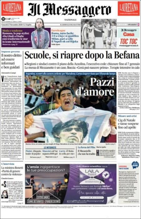 Portada IL MESSAGGERO viernes 27 noviembre 2020