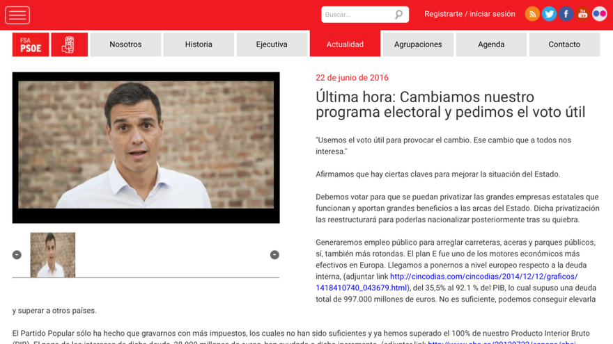 La falsa noticia publicada en la web del PSOE asturiano tras el ataque de un &quot;hacker&quot;.