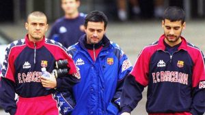 Luis Enrique y José Mourinho, durante su etapa en el Barça, en 1998