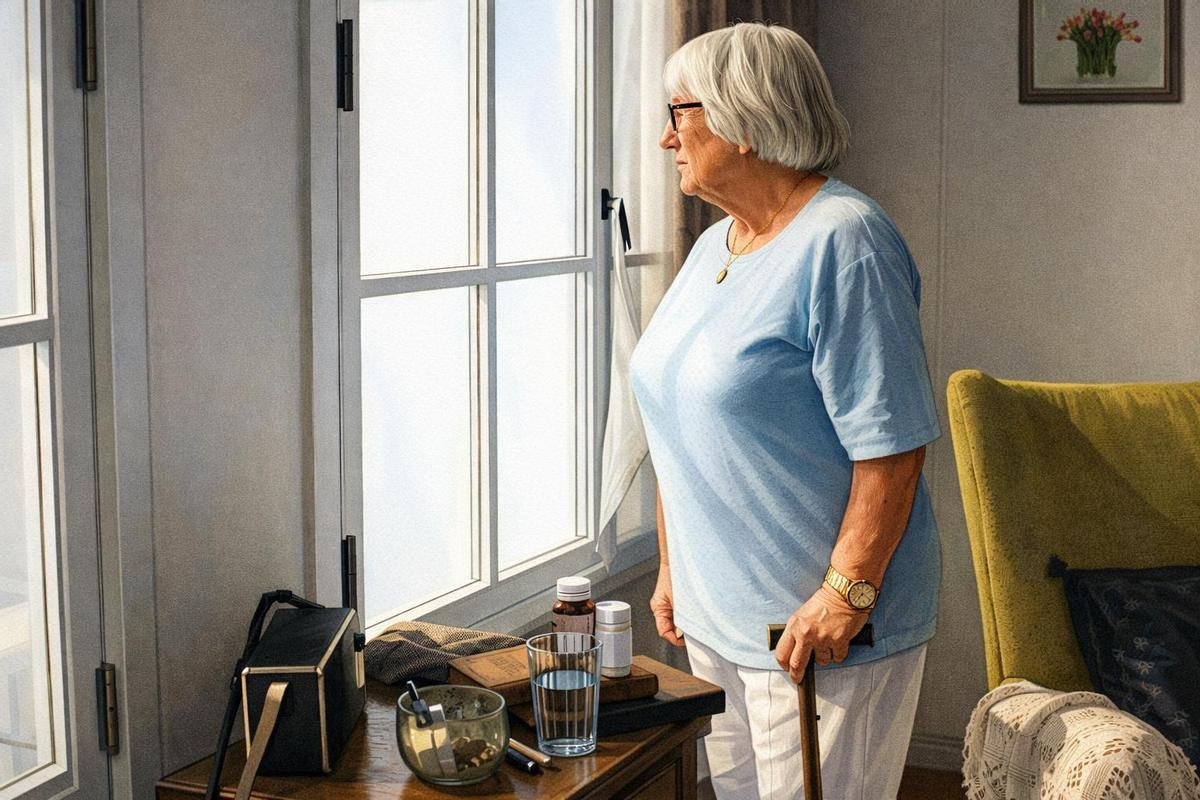 Ilustración de una mujer mirando por la ventana.