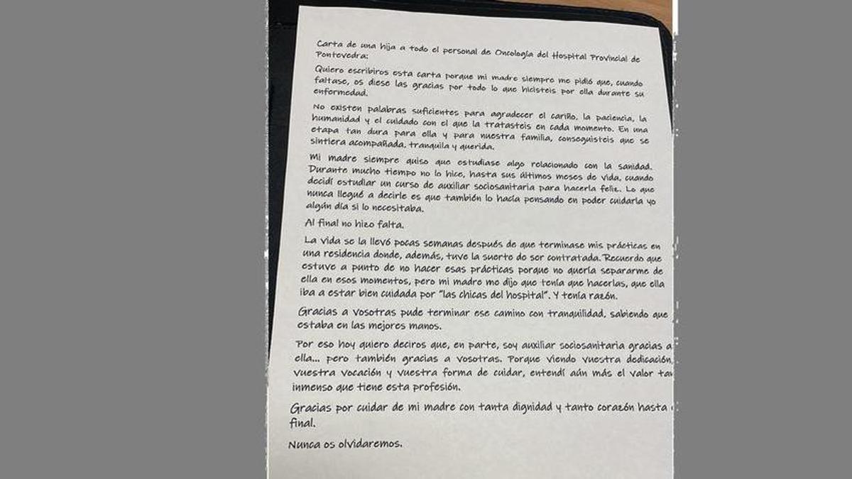 La carta enviada por la hija al personal sanitario.