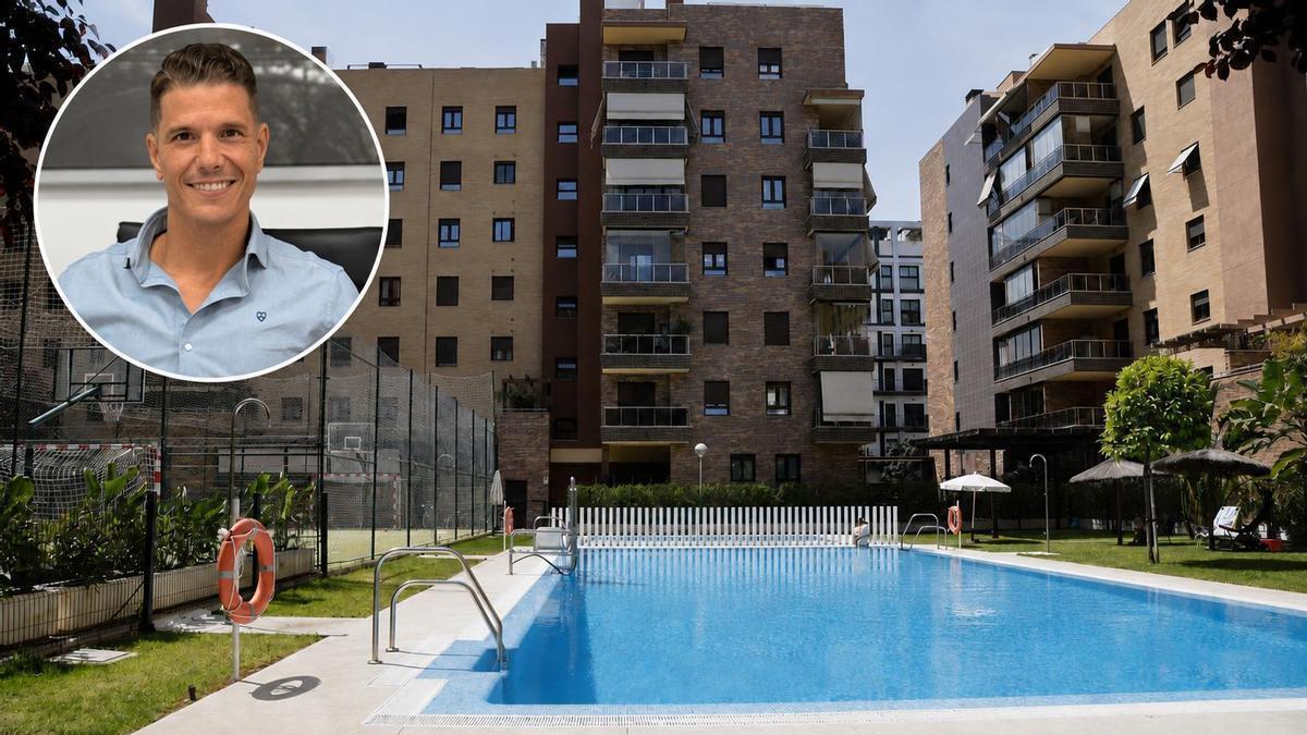 En la imagen, Pablo Muñoz Bretón, presidente del Colegio Oficial de Administradores de Fincas de Córdoba y una piscina de un residencial de viviendas.