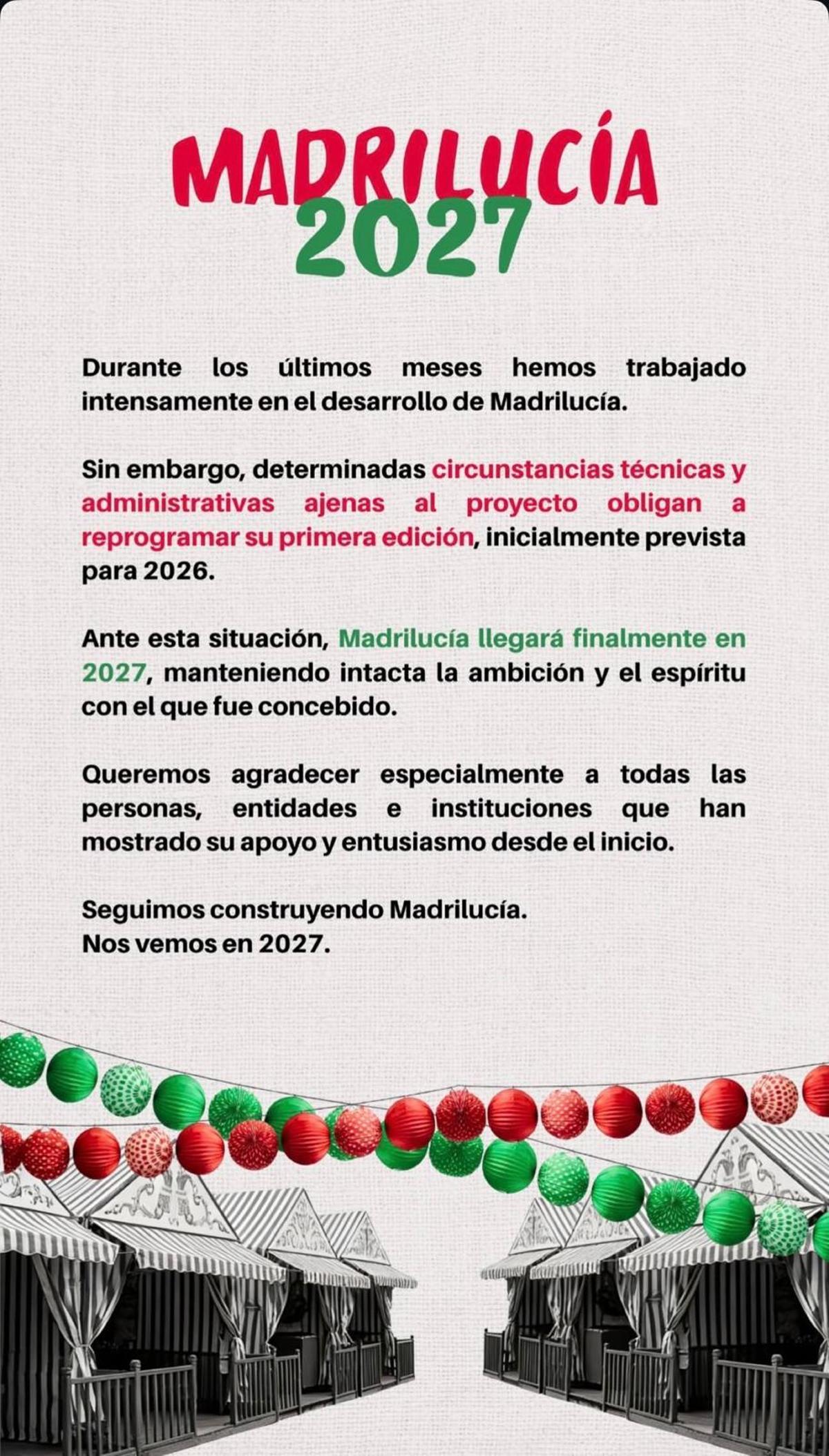 Este ha sido el comunicado compartido a través de redes sociales.