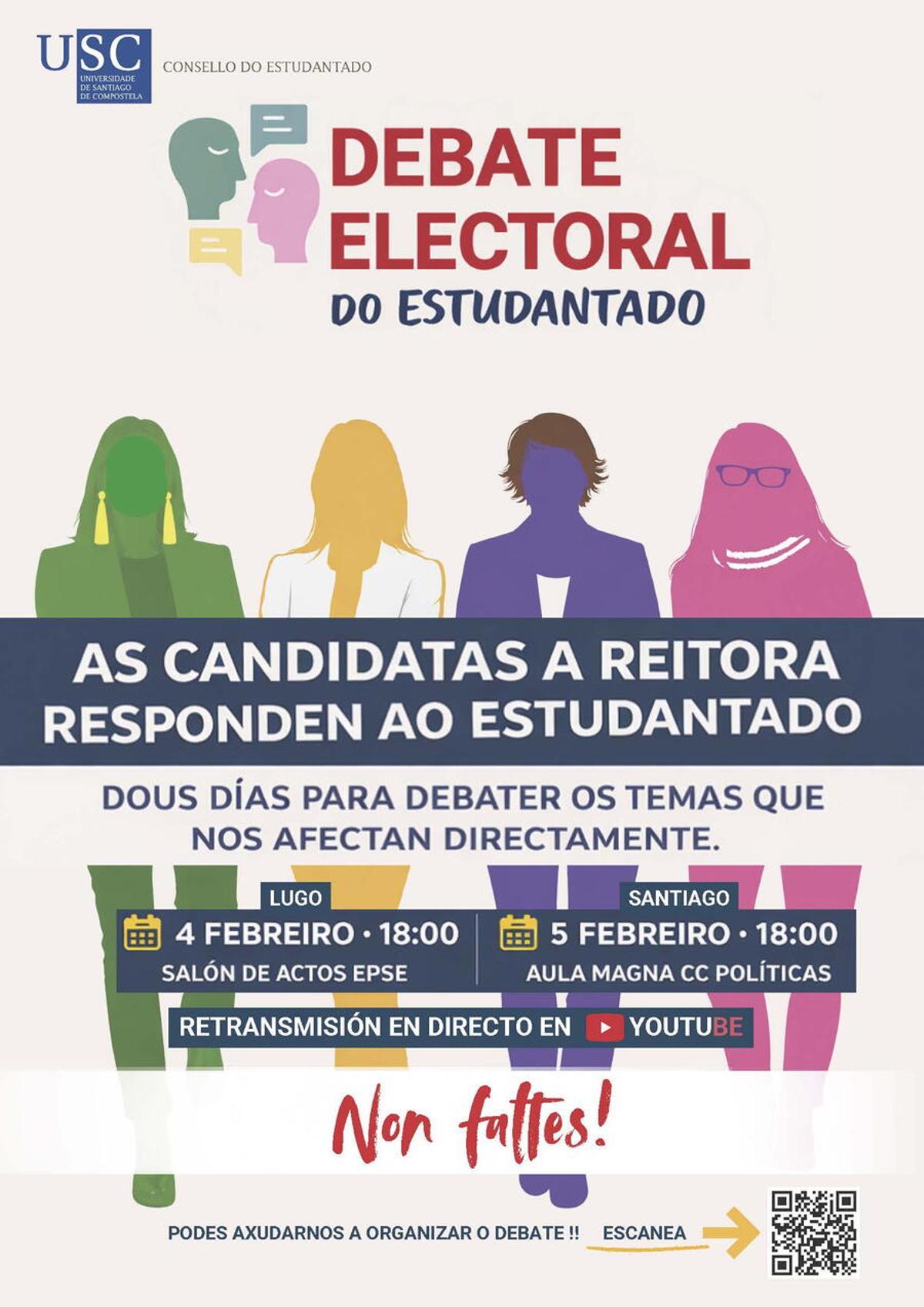 Cartel informativo de los dos debates que organiza el Consello do Estudantado de la USC con las candidatas a rectora.