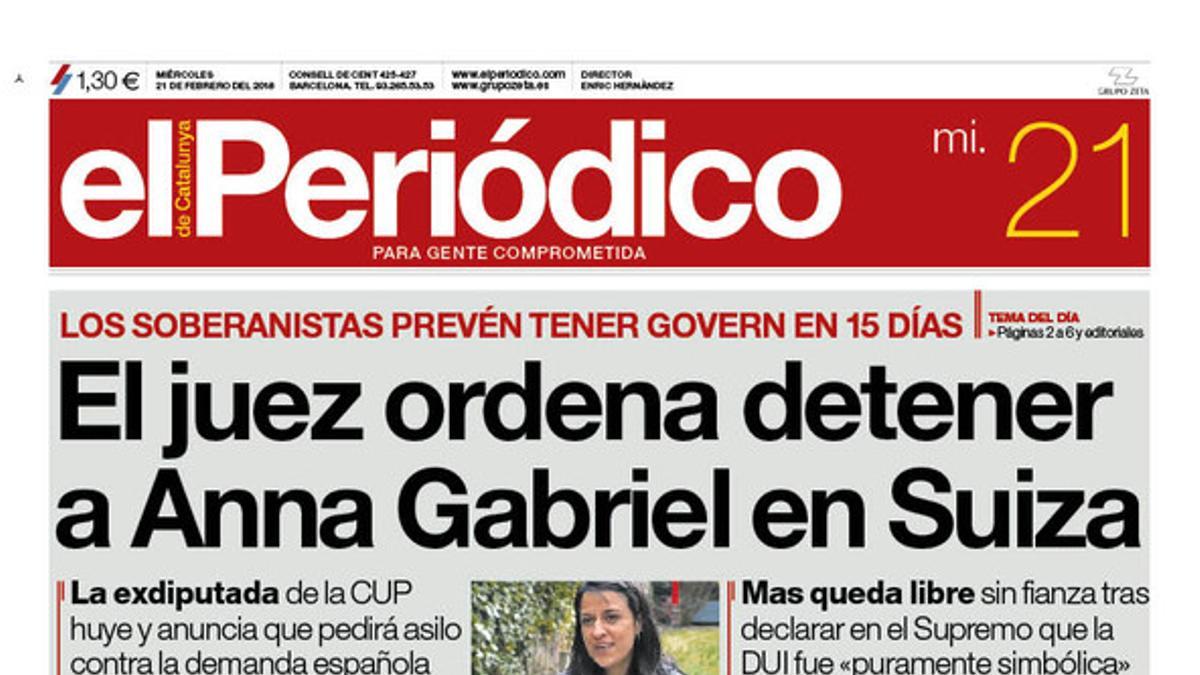 La portada de EL PERIÓDICO del 21 de febrero del 2018