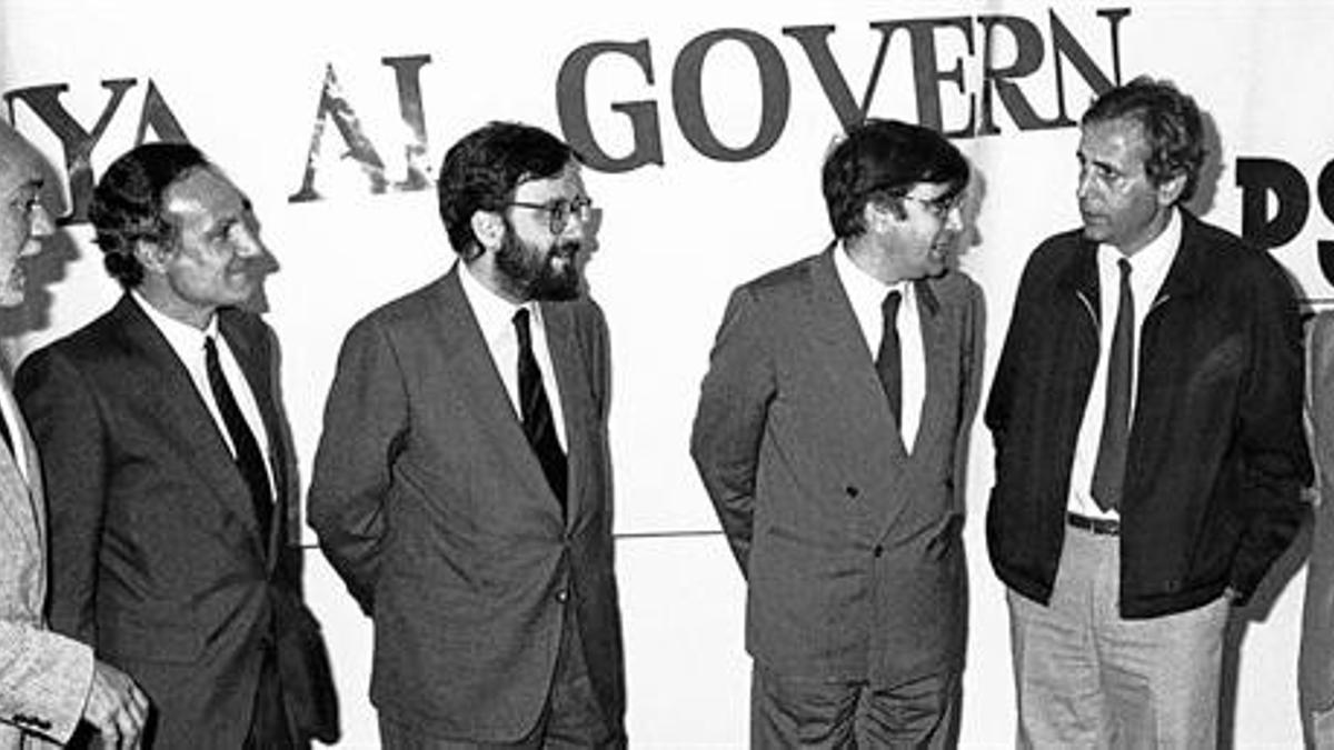 Martín Toval, Majó, Serra, Lluch, Obiols y Reventós, en un acto electoral en los 80.