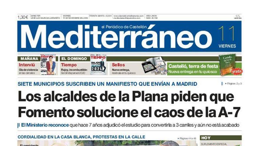 Los alcaldes de la Plana piden que Fomento solucione el caos en la A-7, en la portada de Mediterráneo