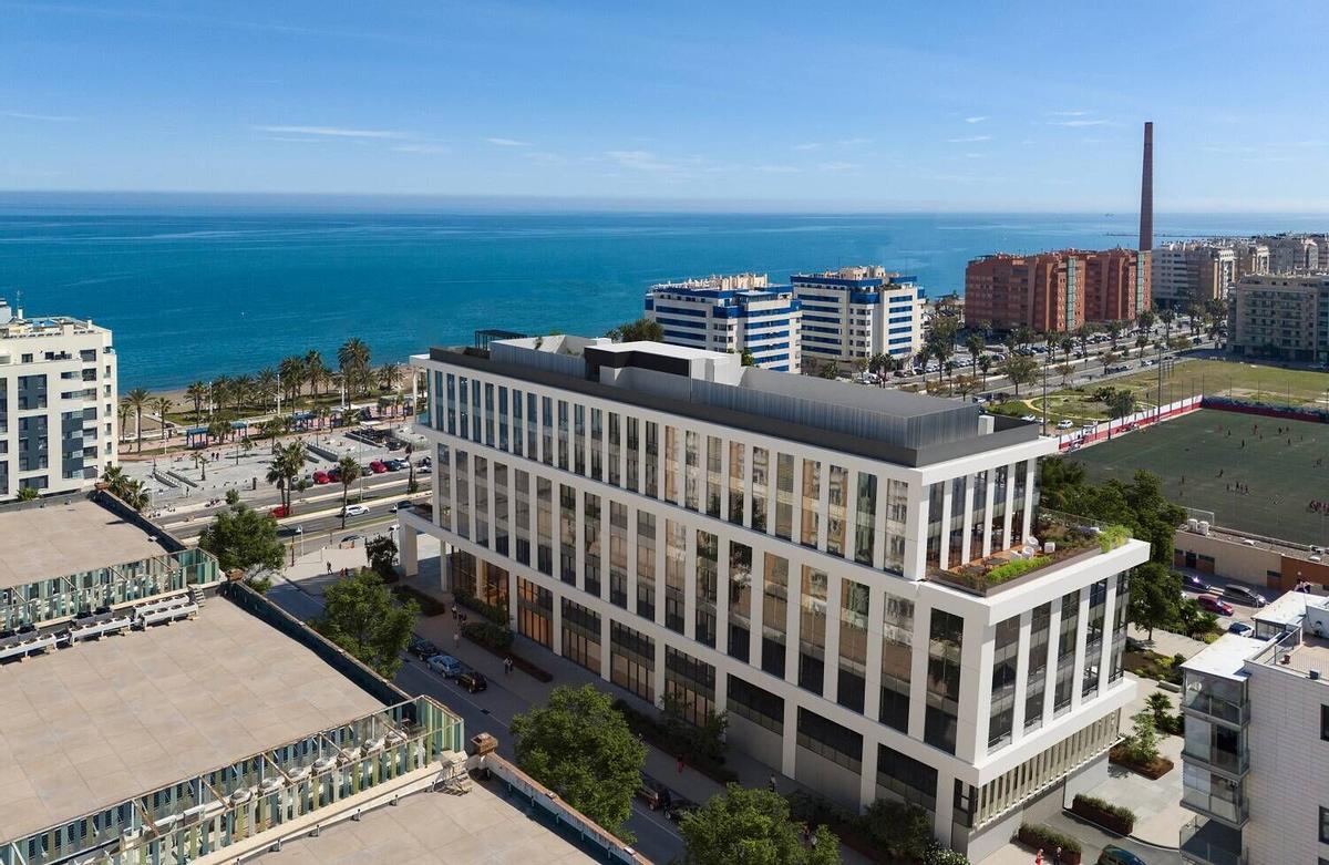 El edificio de oficinas Ágora que el Grupo Insur ultima en la calle Pacífico de Málaga, junto al Polo Digital de Tabacalera.