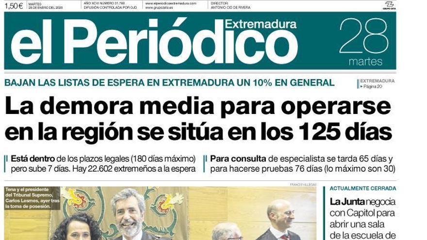 Esta es la portada de EL PERIÓDICO EXTREMADURA correspondiente al día 28 de enero del 2020